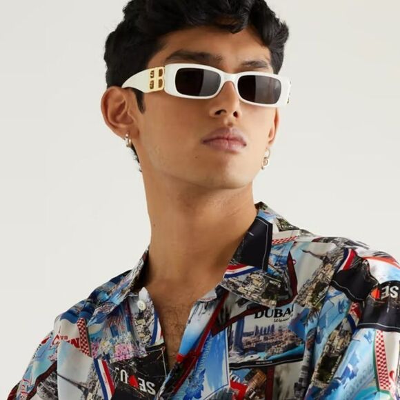 NEW Balenciaga BB0096S 011 White Gold Logo Grey Square Unisex Sunglasses - Picture 4 of 12